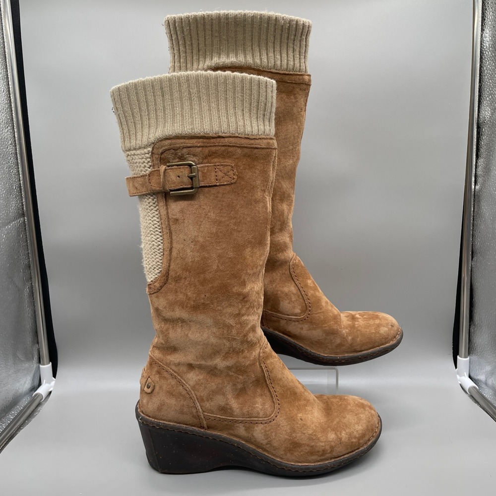 UGG Skyfall Wedge Boots Womens 8 Chestnut Suede Knit Cuff Mid Calf Australia
